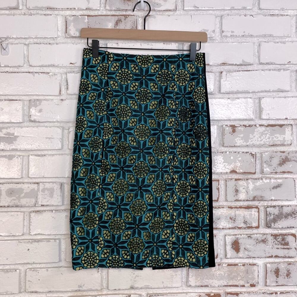 Catherine Malandrino Lime Green & Teal Blue Embroidered Layered Pencil Skirt